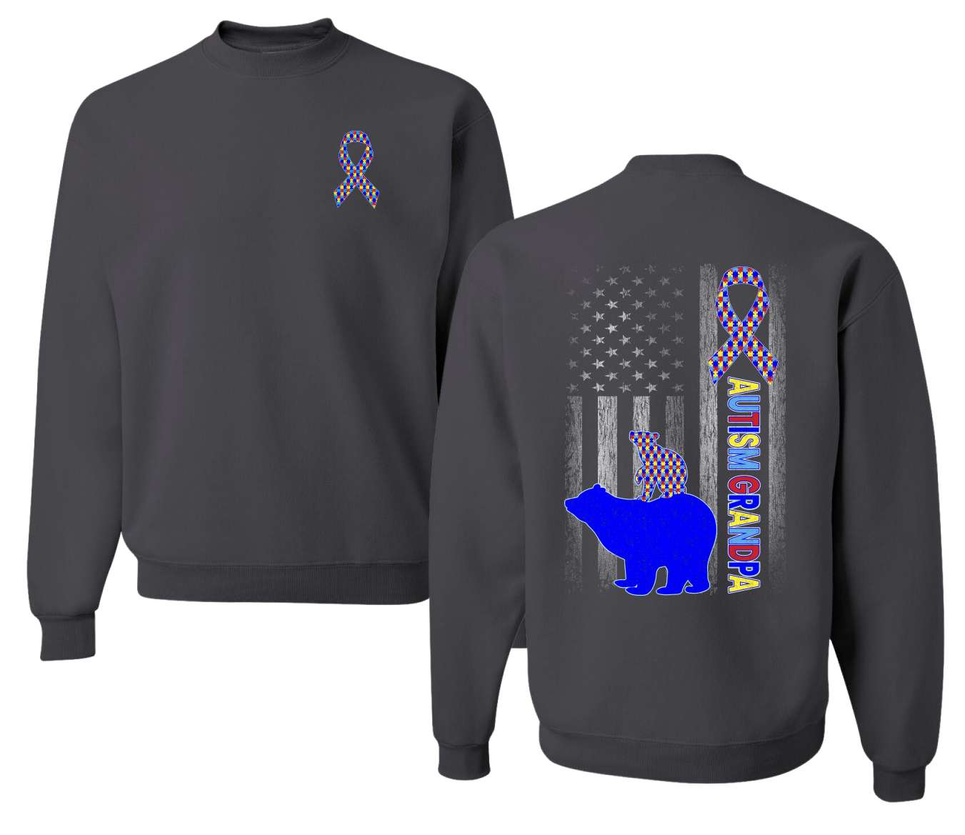 Autism Awareness Grandpa Bear Puzzle Autism Ribbon Unisex Crewneck Sweatshirt - Picture 4 of 9