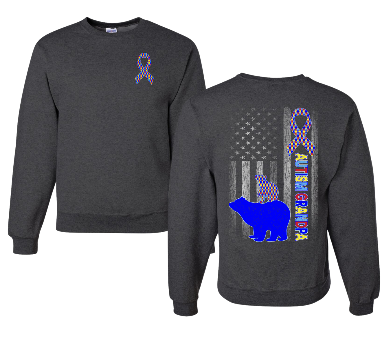 Autism Awareness Grandpa Bear Puzzle Autism Ribbon Unisex Crewneck Sweatshirt - Picture 5 of 9