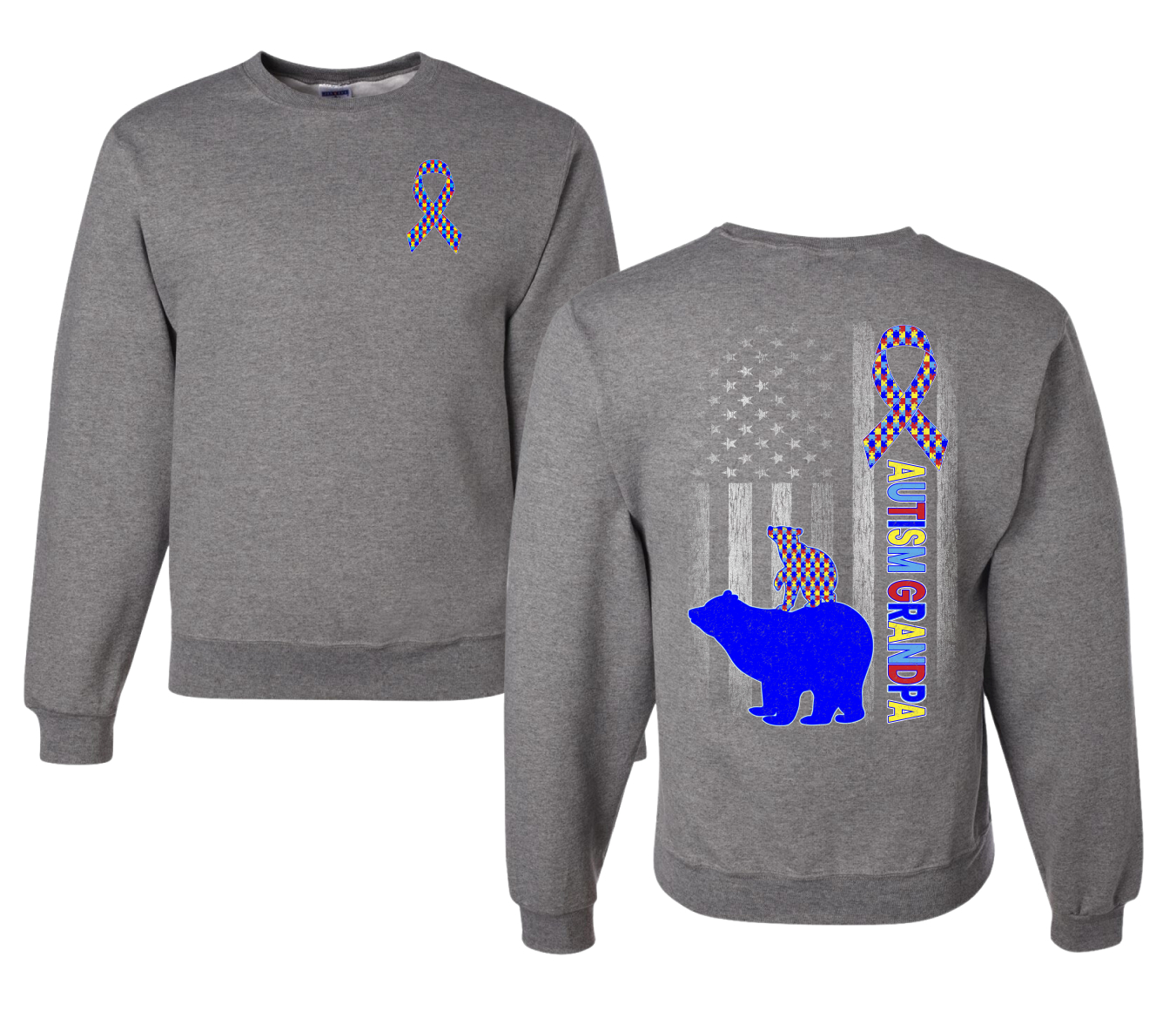 Autism Awareness Grandpa Bear Puzzle Autism Ribbon Unisex Crewneck Sweatshirt - Picture 6 of 9