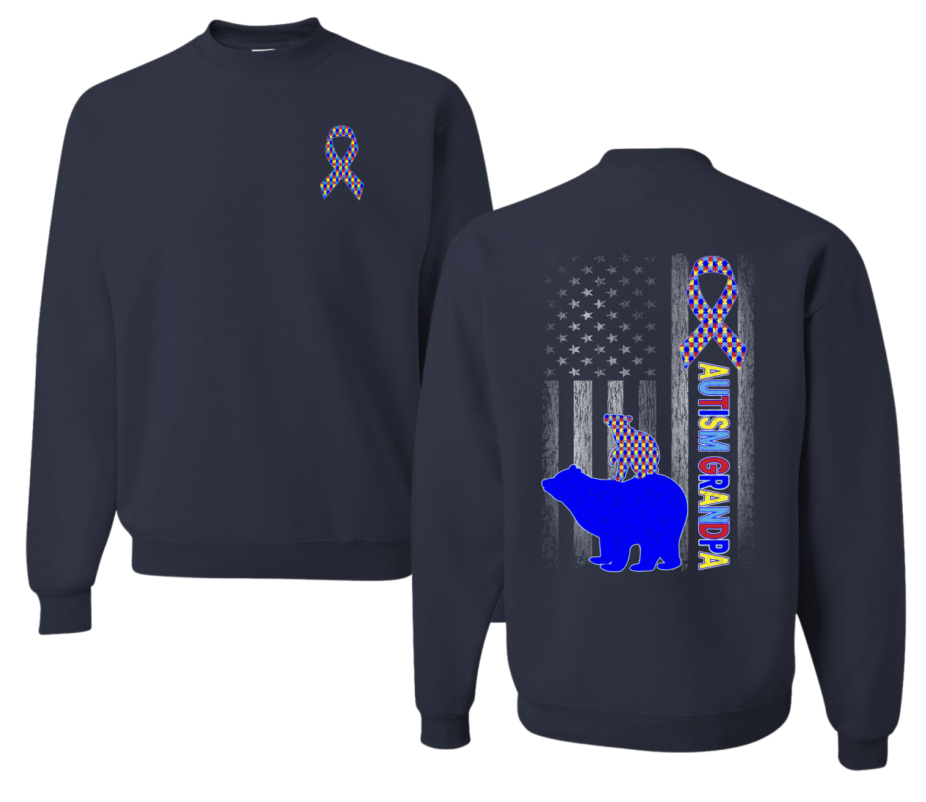 Autism Awareness Grandpa Bear Puzzle Autism Ribbon Unisex Crewneck Sweatshirt - Picture 7 of 9