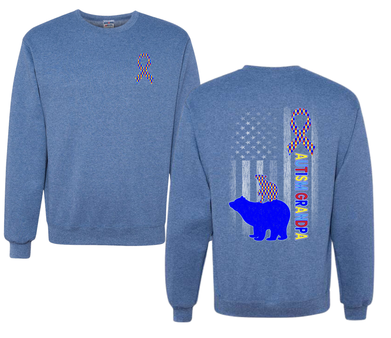 Autism Awareness Grandpa Bear Puzzle Autism Ribbon Unisex Crewneck Sweatshirt - Picture 9 of 9