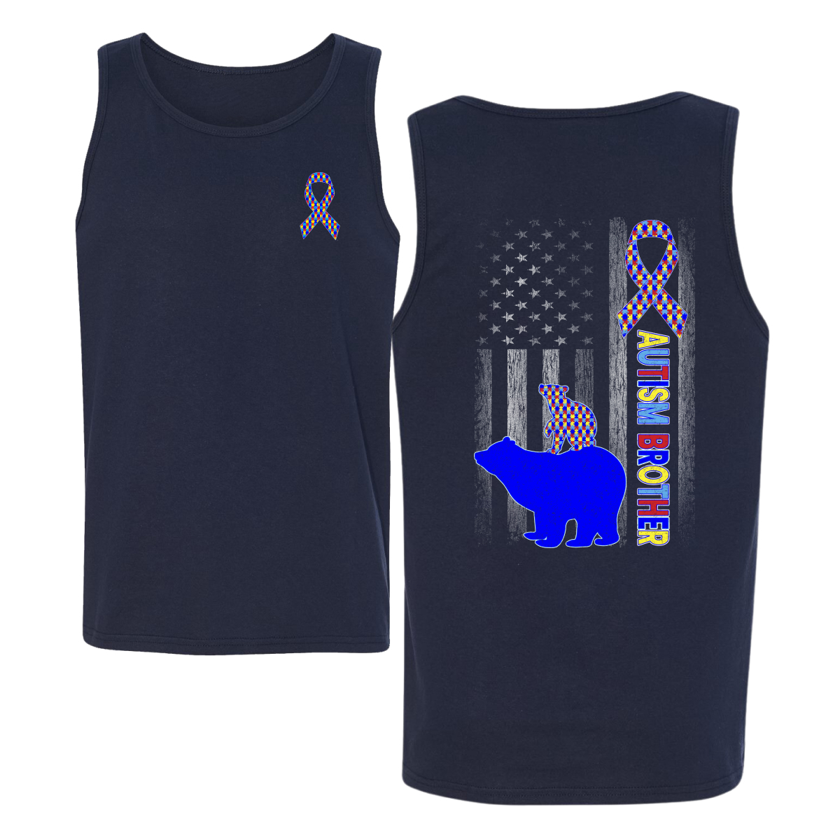 Autism Awareness Brother Bear Puzzle Autism Ribbon Mens Tank Top - Picture 5 of 6