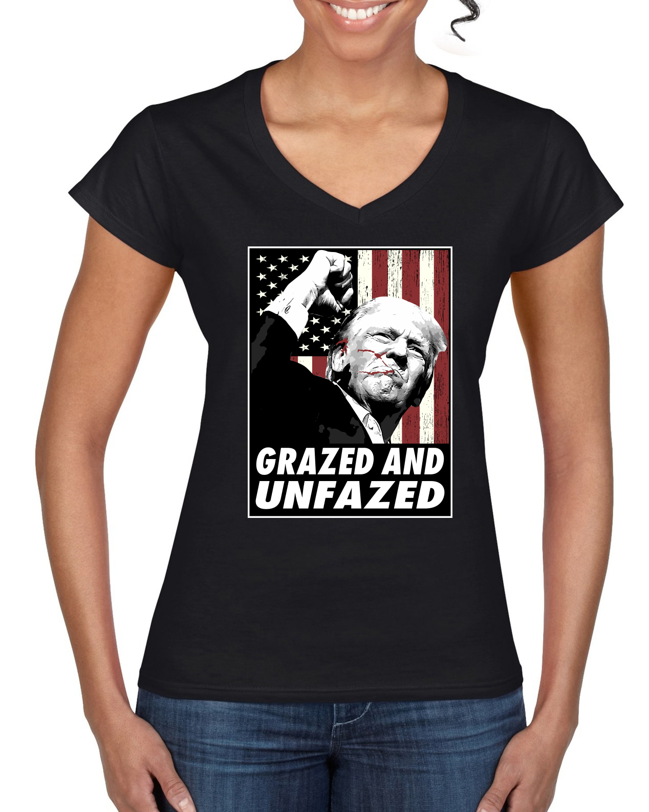 Grazed and Unfazed Trump Shot 2024 Election Women’s Standard V-Neck Tee - Picture 3 of 6