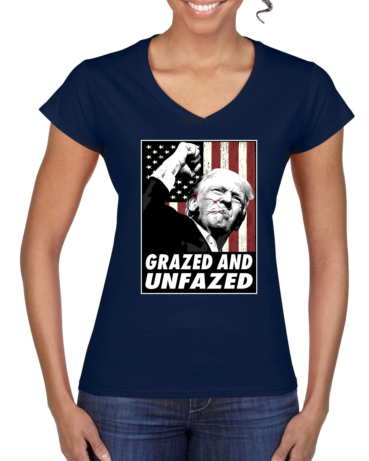 Grazed and Unfazed Trump Shot 2024 Election Women’s Standard V-Neck Tee - Picture 5 of 6