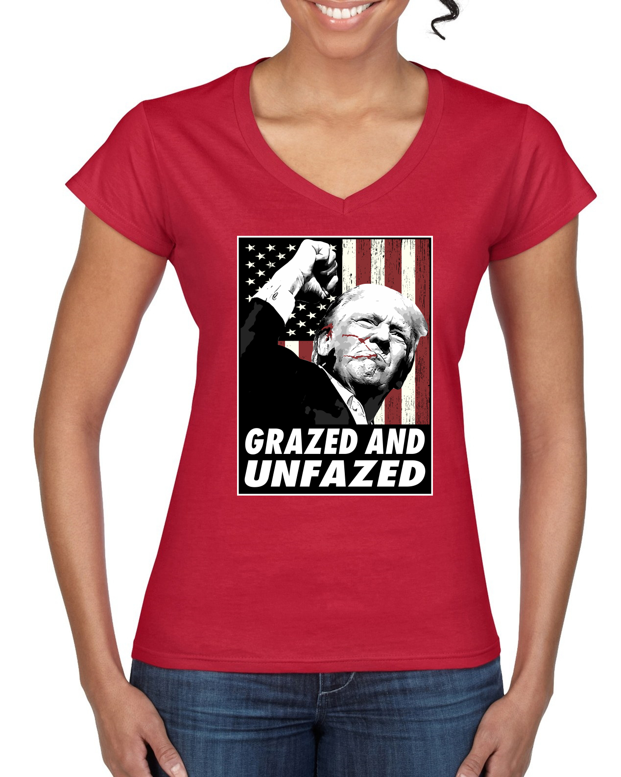 Grazed and Unfazed Trump Shot 2024 Election Women’s Standard V-Neck Tee - Picture 6 of 6